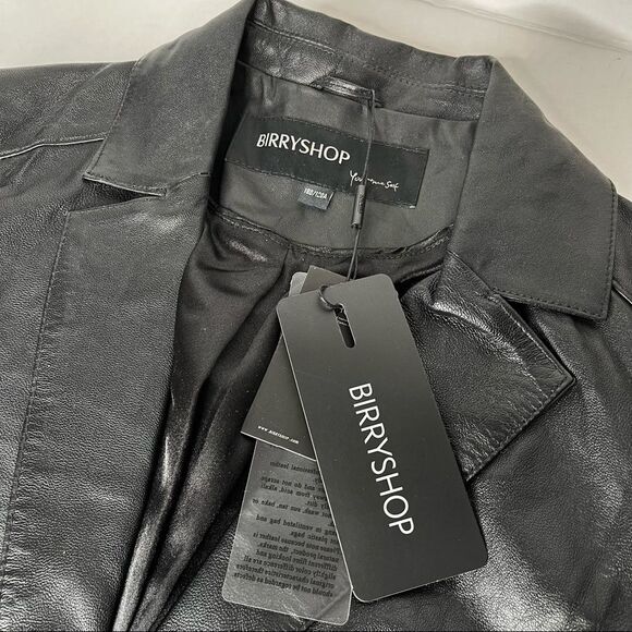 BirryShop Black Genuine Leather Blazer Collar One Button Front Pockets Women’s - Picture 7 of 14